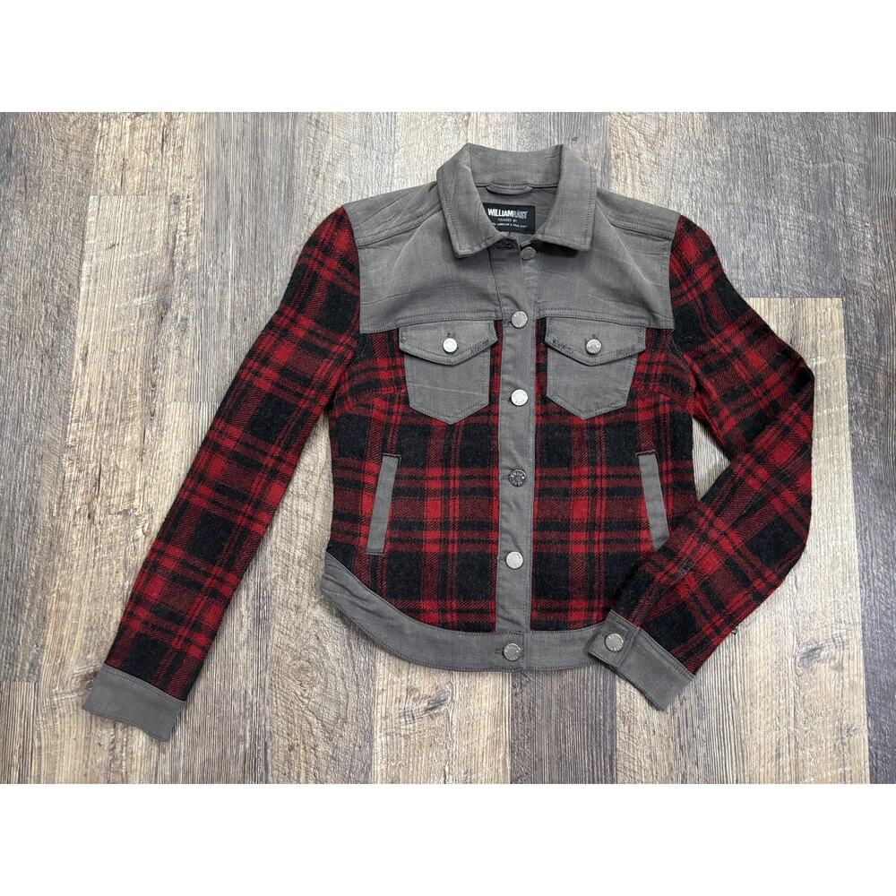 William Rast Womens Red Black Plaid Mixed Media Trucker Jacket Grey Trim Small